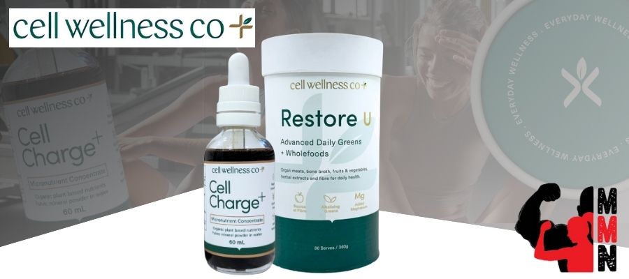 Cell Wellness Co Restore U and Cell Charge+ bundle displayed together with Me Muscle Nutrition branding, showcasing advanced daily greens and micronutrient support.