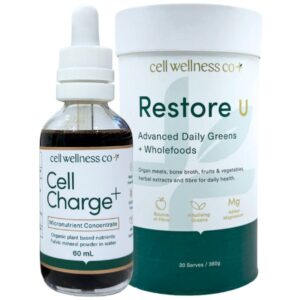 Cell Wellness Co Restore U and Cell+Charge bundle, available at Me Muscle Nutrition for daily wellness and wholefood support.