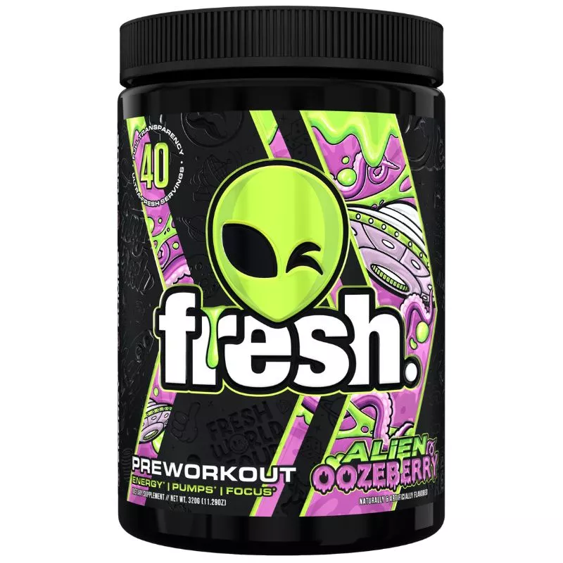 Black tub of Fresh Preworkout in Alien Oozberry flavour, featuring a bright green alien logo and vibrant purple and green artwork on the label, displayed on a white background, available from Me Muscle Nutrition.