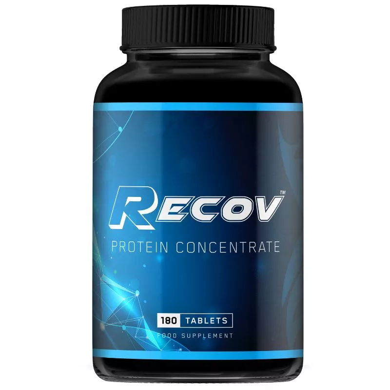 Black bottle of Recov Protein Concentrate tablets with a blue futuristic label and bold white branding, photographed on a white background, sold by Me Muscle Nutrition.