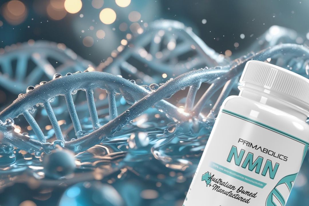 Why NMN Is Getting So Much Attention blog banner showing Primabolics NMN bottle in front of a glowing DNA background, Me Muscle Nutrition.