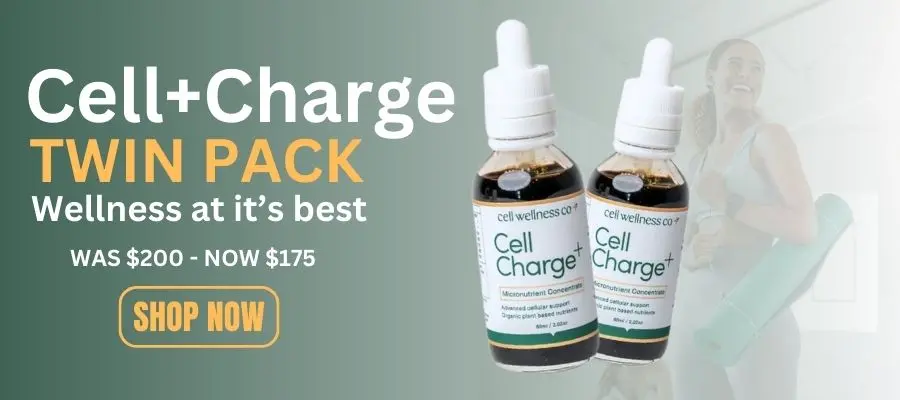 Cell Charge Twin Pack by Cell Wellness Co displayed on promotional banner, featuring two Cell Charge micronutrient concentrate bottles with special pricing offer, available at Me Muscle Nutrition Australia for daily cellular nutrition and antioxidant support
