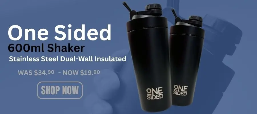 One Sided 600ml Stainless Steel Dual Wall Insulated Shaker Bottle on sale at Me Muscle Nutrition, black protein shaker reduced from 34.90 to 19.90, gym supplement mixing bottle for cold drinks and protein shakes.