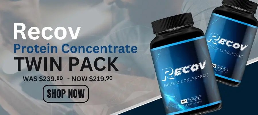 Recov Protein Concentrate Twin Pack on sale at Me Muscle Nutrition, high protein supplement tablets reduced from 239.80 to 219.90, muscle recovery and daily protein support formula.