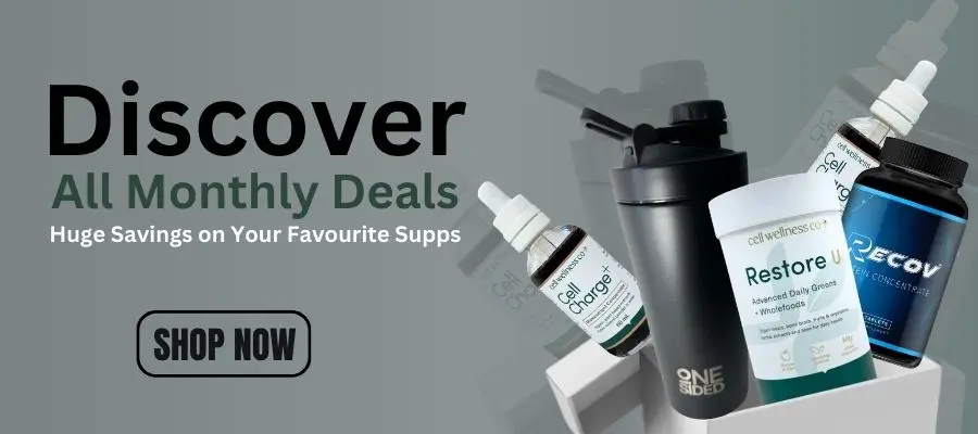 Discover monthly supplement deals banner featuring shaker, Cell Charge, Restore U, and Recov products from Me Muscle Nutrition with shop now call to action