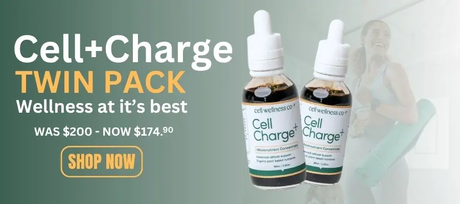Cell+Charge Twin Pack by Cell Wellness Co on sale at Me Muscle Nutrition, two 60ml micronutrient concentrate bottles reduced from $200 to $174.90 for daily wellness and nutritional support.