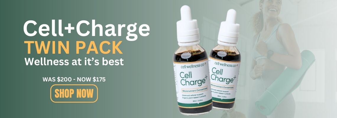 Cell+Charge Twin Pack banner from Me Muscle Nutrition featuring two Cell Charge wellness drops bottles, special offer reduced from $200 to $175, with shop now call to action and wellness lifestyle background.