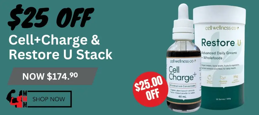 Cell+Charge Restore Stack by Cell Wellness Co on sale at Me Muscle Nutrition, save $25 on the Cell Charge and Restore U bundle, now $174.90 for daily greens and micronutrient support.