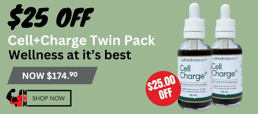 Cell+Charge Twin Pack by Cell Wellness Co on sale at Me Muscle Nutrition, save $25 with two 60ml Cell Charge micronutrient concentrate bottles now $174.90 for daily wellness support.