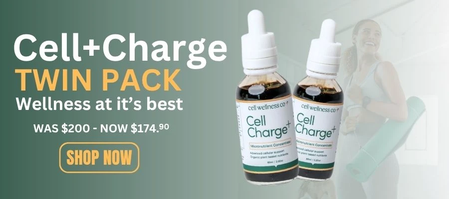 Cell+Charge Twin Pack banner by Me Muscle Nutrition featuring two Cell Charge+ wellness drops bottles with promotional pricing and shop now call to action.
