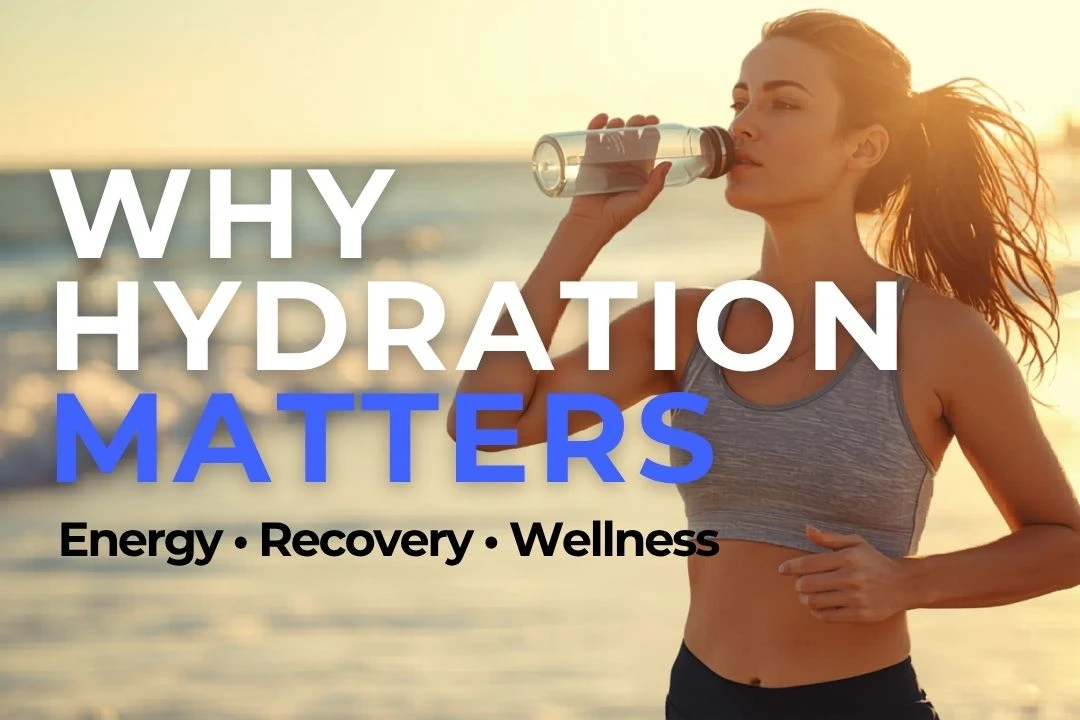 Why Hydration Matters blog cover image for Me Muscle Nutrition featuring a woman drinking water by the ocean, supporting energy, recovery and wellness.